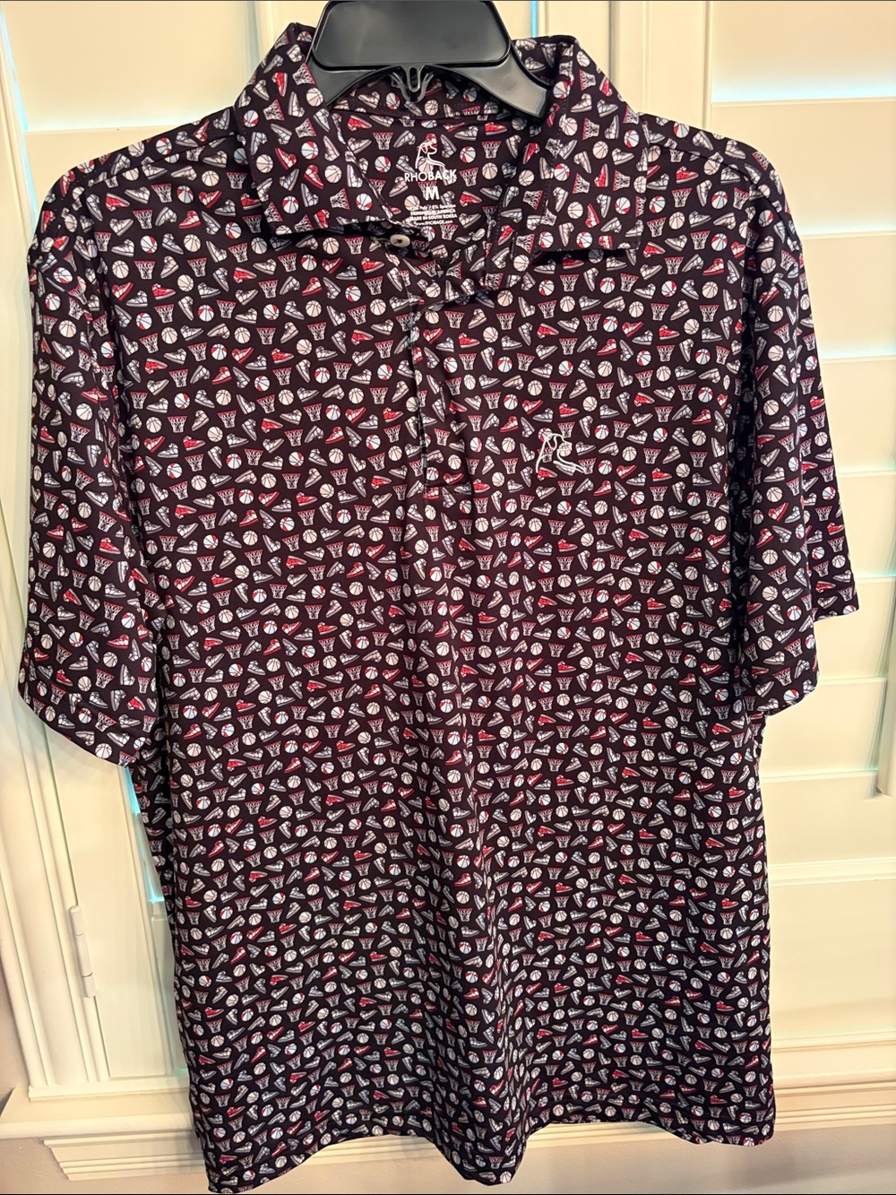 Rhoback Black Athletic Polo with Red & White Basketball Print